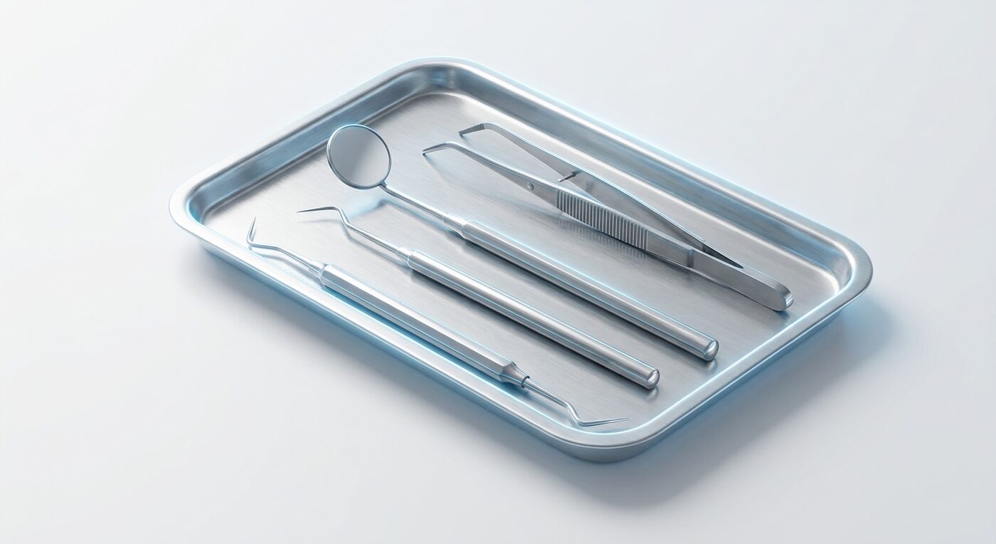 Instrumental odontológico esterilizado sobre bandeja